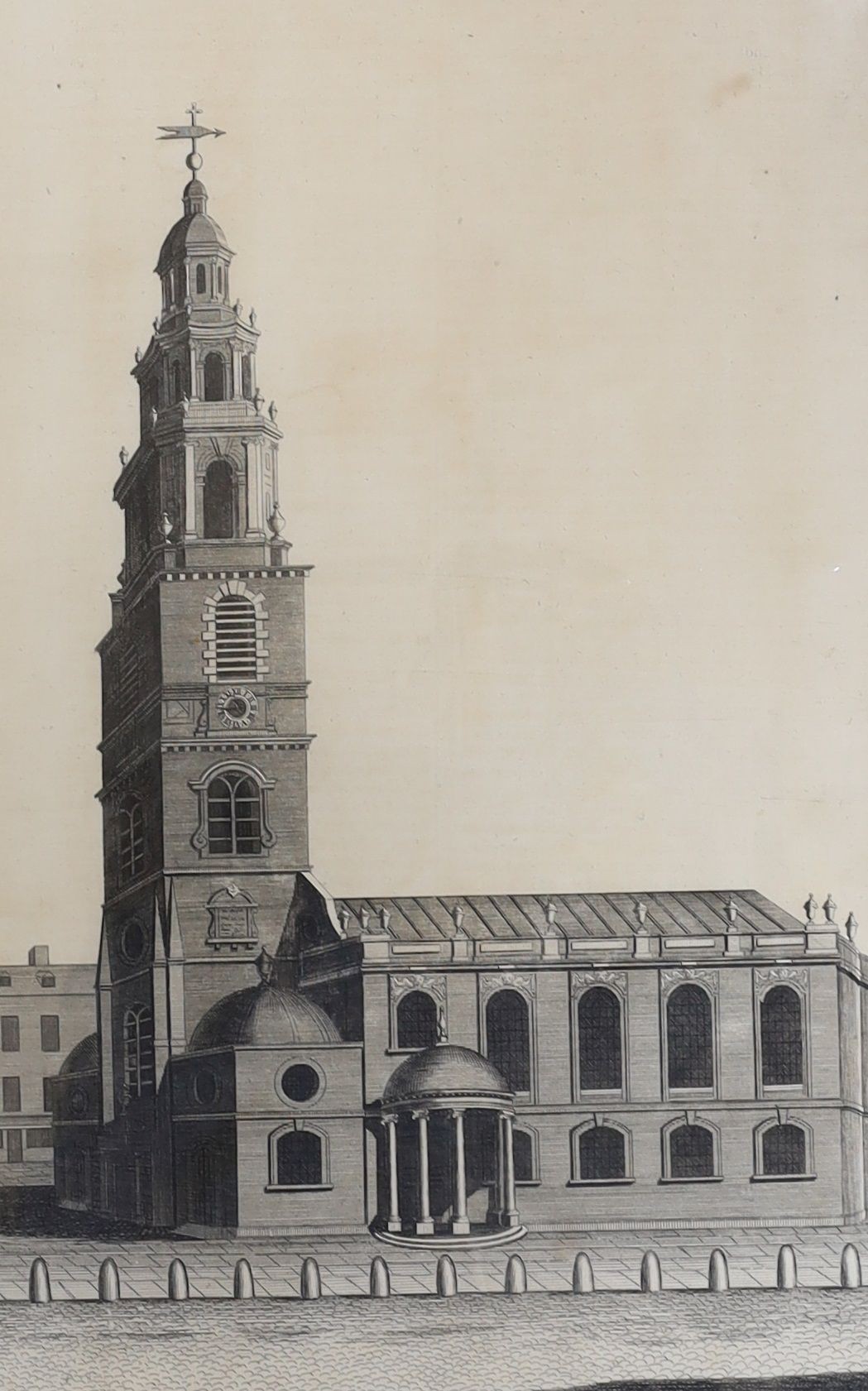 O.S. Sheldon, ink and watercolour, St Peter's Church, Brighton, initialled, 49 x 29cm, unframed and eight assorted 18th century engravings of London Churches